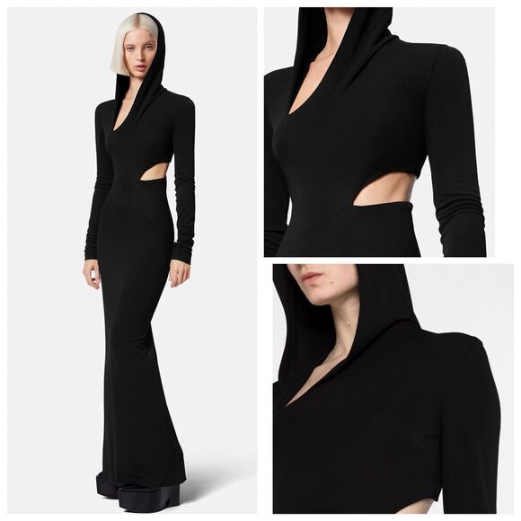 NWT Versace Runway 2023 Slashed Cut Out Hooded Maxi Black Dress IT 38/US 2 - Picture 5 of 16